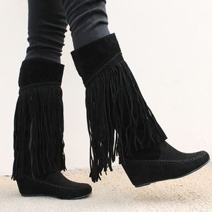 Bridget-04 Women's Fringe Boots With Hidden Wedge